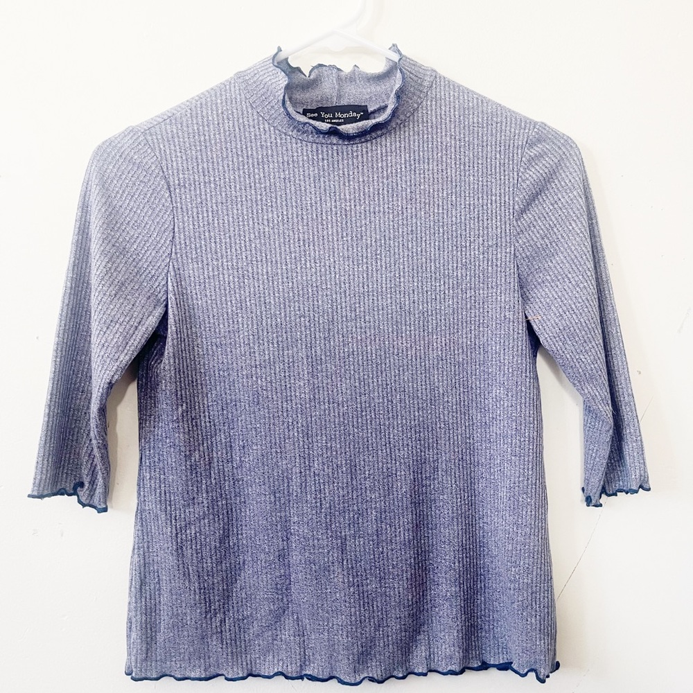 See You Monday Periwinkle Blue Mock Neck Lettuce Trim Ribber Half Sleeve Blouse